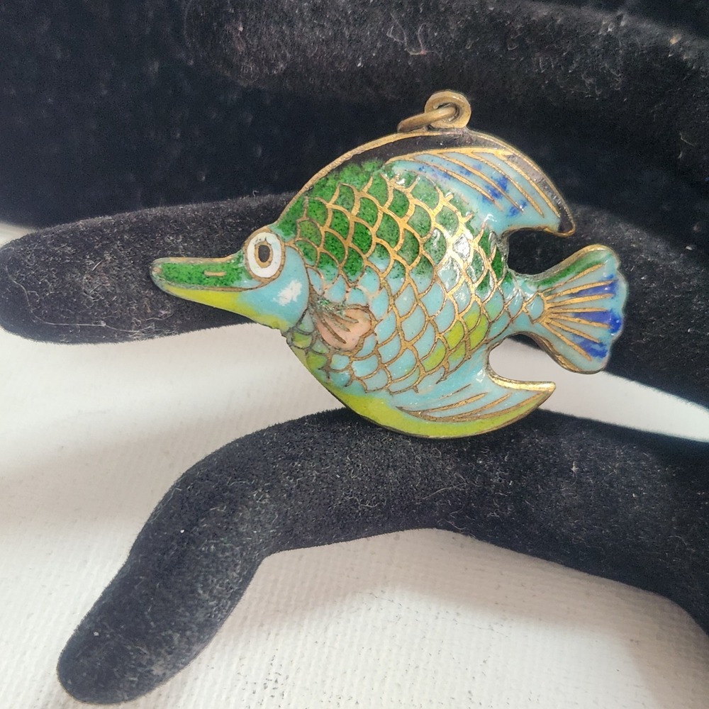 Vintage Cloisonne Enamel Fish Pendant Blue Green Tropical Charm Double Sided